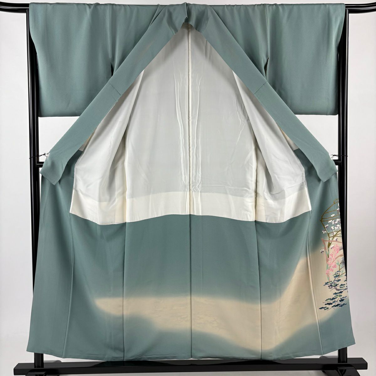 【庫存清倉】 留袖禮服禮服 身長154.5cm 袖長65.5cm M 雙層 杉浦伸 作品有款枝花 建物 漸層 灰綠 純蠶絲 名品級 一個紋