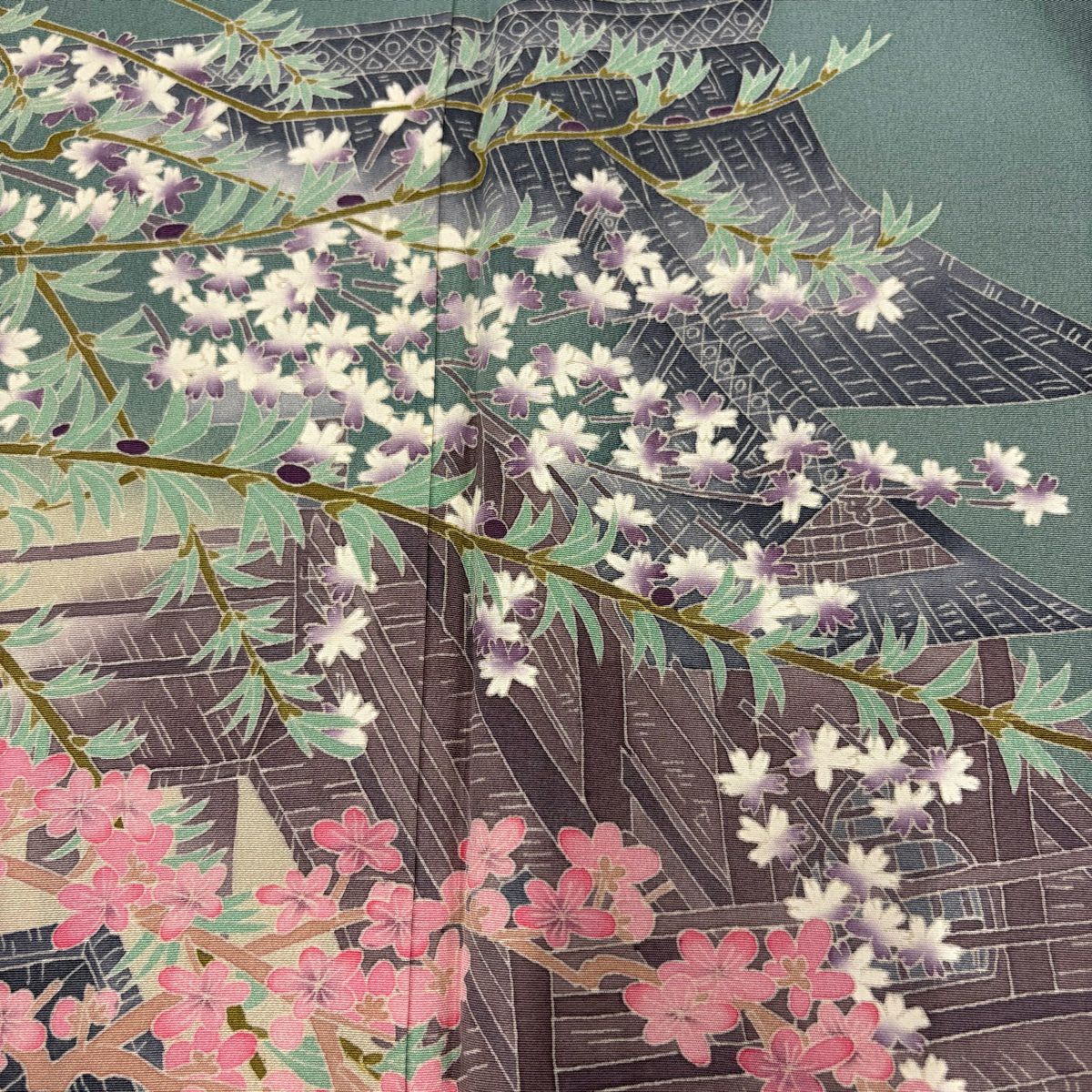 【庫存清倉】 留袖禮服禮服 身長154.5cm 袖長65.5cm M 雙層 杉浦伸 作品有款枝花 建物 漸層 灰綠 純蠶絲 名品級 一個紋
