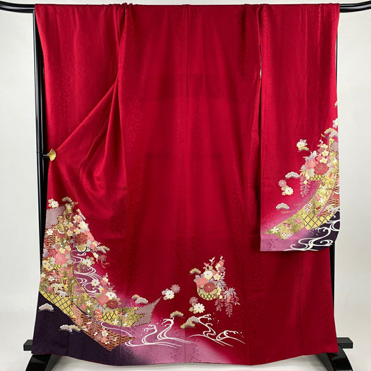 振袖禮服 身長165cm 袖長72cm L 雙層 花車 幾帳 金銀彩 金絲 紅 純蠶絲 美品 名品級