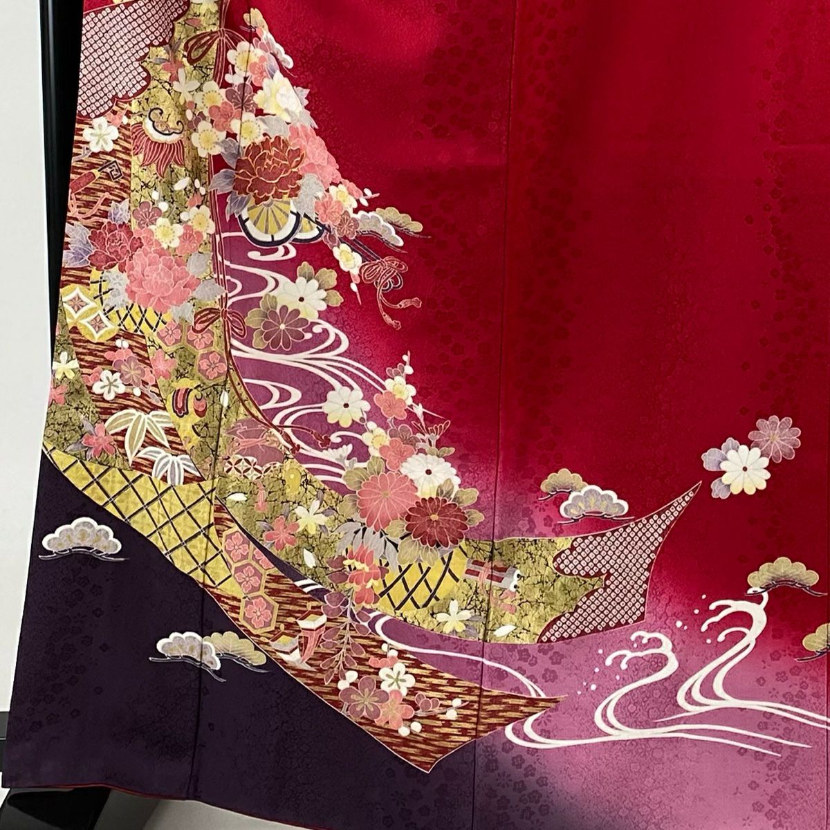 振袖禮服 身長165cm 袖長72cm L 雙層 花車 幾帳 金銀彩 金絲 紅 純蠶絲 美品 名品級