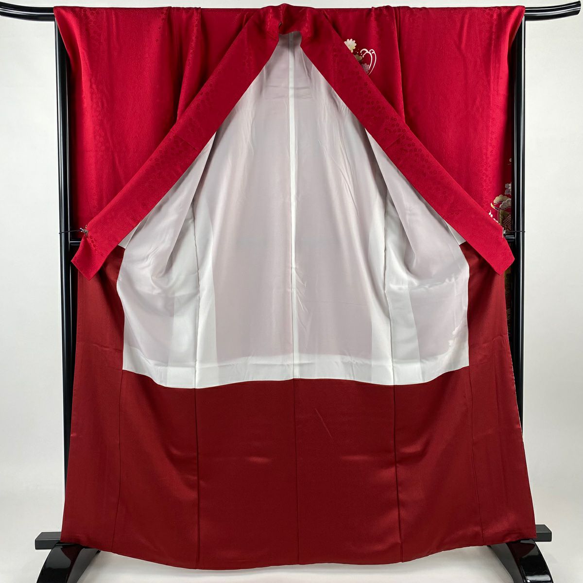 振袖禮服 身長165cm 袖長72cm L 雙層 花車 幾帳 金銀彩 金絲 紅 純蠶絲 美品 名品級