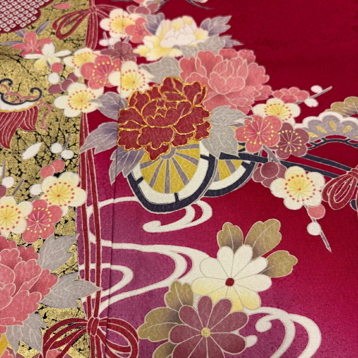 振袖禮服 身長165cm 袖長72cm L 雙層 花車 幾帳 金銀彩 金絲 紅 純蠶絲 美品 名品級