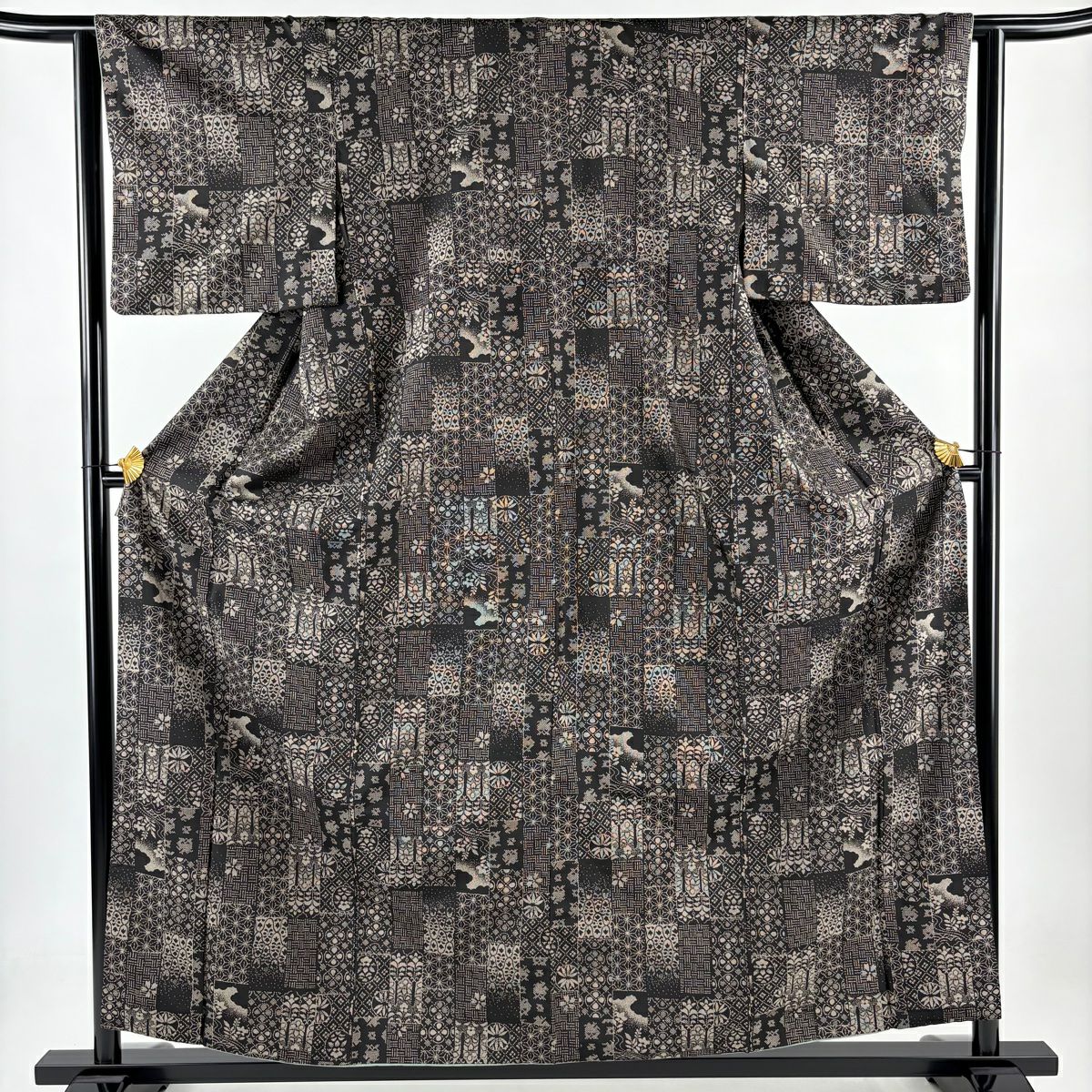 紬織 身長159cm 袖長62.5cm S 雙層 花 流水 黑 純蠶絲 美品 名品級