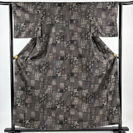 紬織 身長159cm 袖長62.5cm S 雙層 花 流水 黑 純蠶絲 美品 名品級