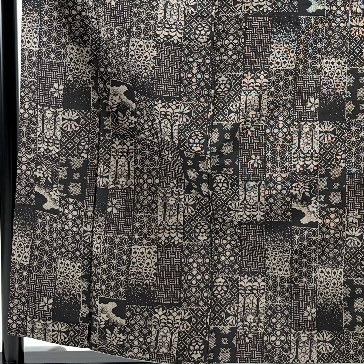 紬織 身長159cm 袖長62.5cm S 雙層 花 流水 黑 純蠶絲 美品 名品級