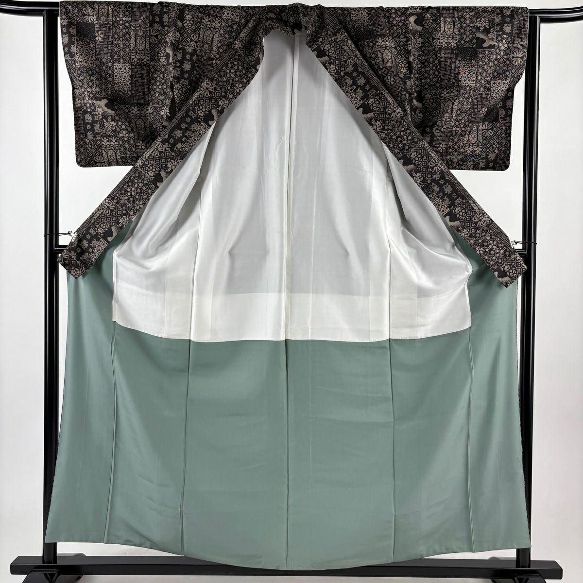 紬織 身長159cm 袖長62.5cm S 雙層 花 流水 黑 純蠶絲 美品 名品級