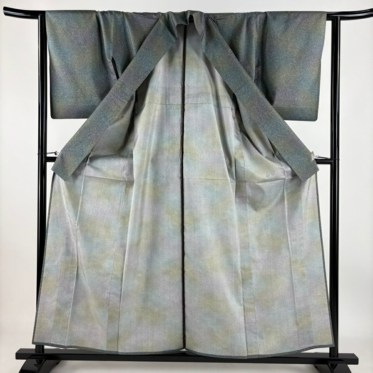小紋 身長157.5cm 袖長64.5cm M 單層 大島紬織地 證書齊全 幾何學圖案 漸層 灰綠 純蠶絲 名品級