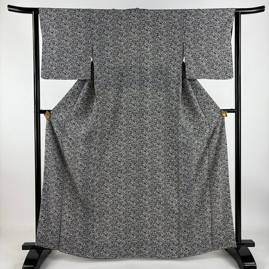 小紋 身長164.5cm 袖長61.5cm S 雙層 落款 草花紋 葉紋 米色 純蠶絲 美品 名品級