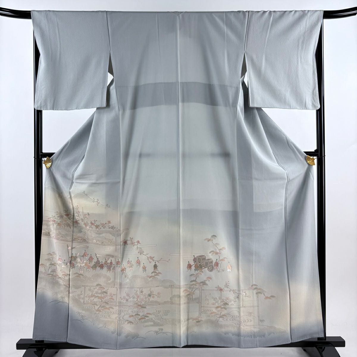 付下 身長159cm 袖長67cm M 雙層 人物 松樹竹子梅花 刺繡 金絲 青灰 純蠶絲 秀品級