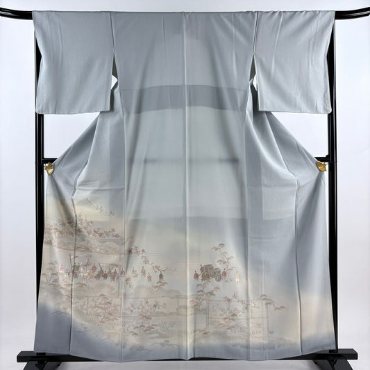 付下 身長159cm 袖長67cm M 雙層 人物 松樹竹子梅花 刺繡 金絲 青灰 純蠶絲 秀品級