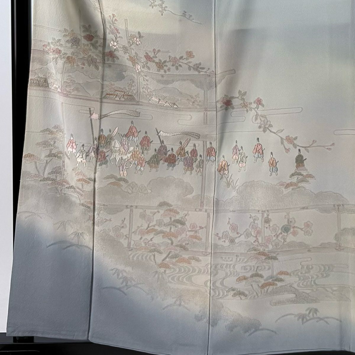 付下 身長159cm 袖長67cm M 雙層 人物 松樹竹子梅花 刺繡 金絲 青灰 純蠶絲 秀品級