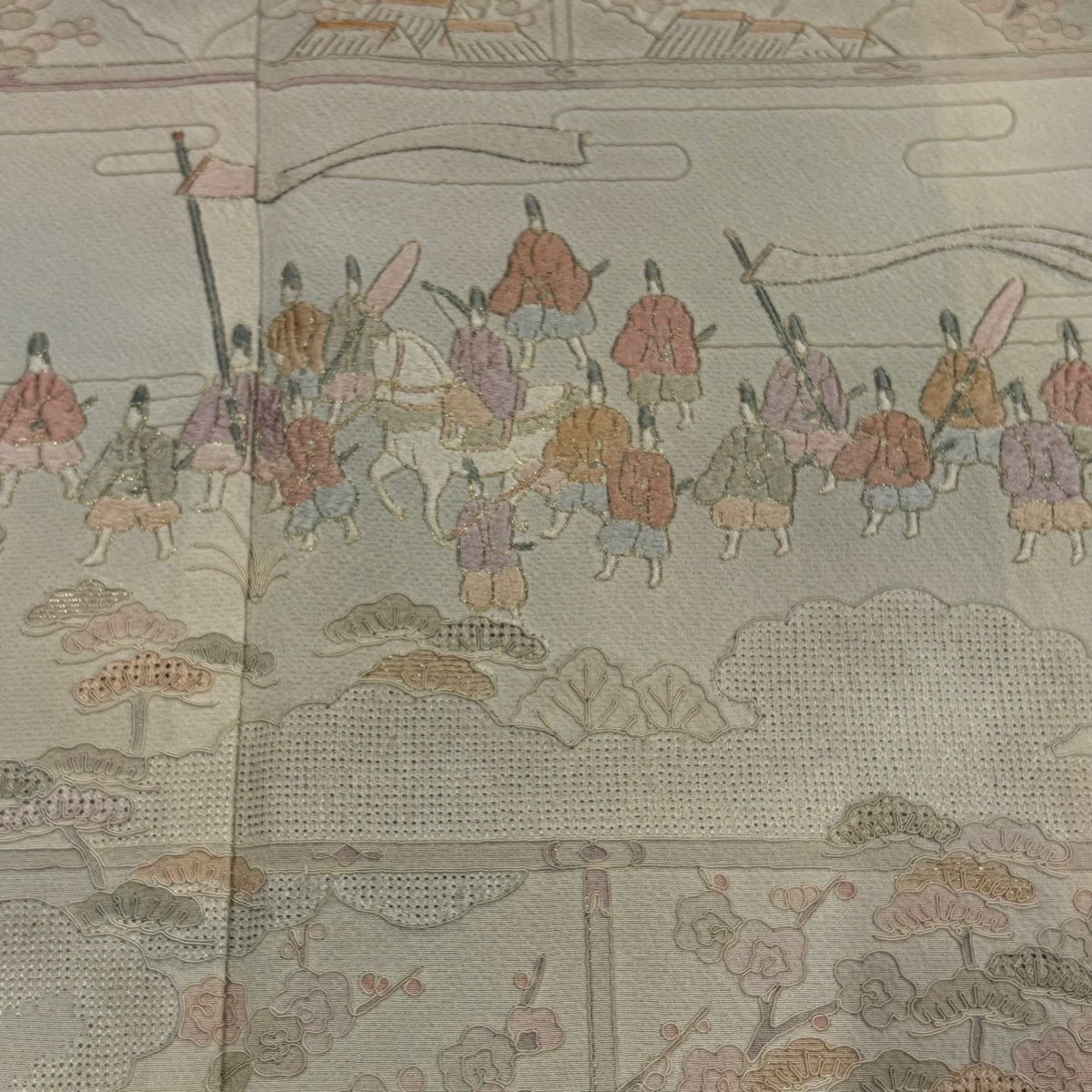 付下 身長159cm 袖長67cm M 雙層 人物 松樹竹子梅花 刺繡 金絲 青灰 純蠶絲 秀品級