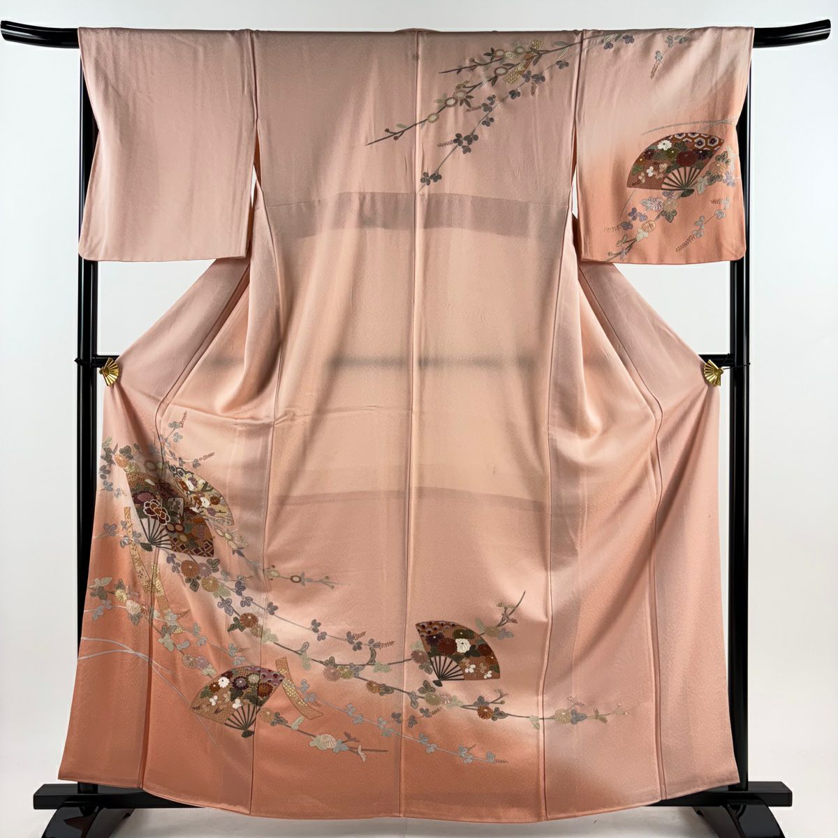 訪問服 身長163cm 袖長67cm M 雙層 扇子 御所車 刺繡 金糸 鮭粉色 純蠶絲 秀品級 一つ紋