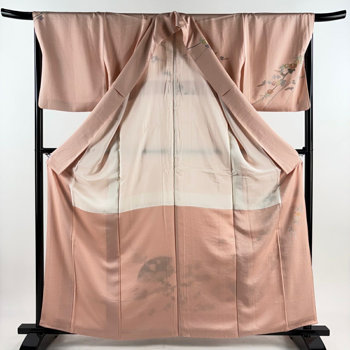 訪問服 身長163cm 袖長67cm M 雙層 扇子 御所車 刺繡 金糸 鮭粉色 純蠶絲 秀品級 一つ紋