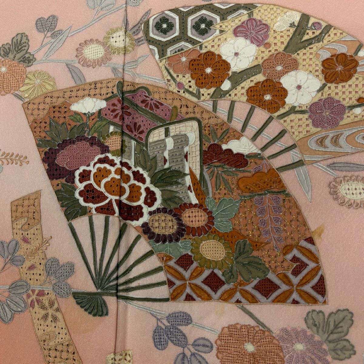 訪問服 身長163cm 袖長67cm M 雙層 扇子 御所車 刺繡 金糸 鮭粉色 純蠶絲 秀品級 一つ紋