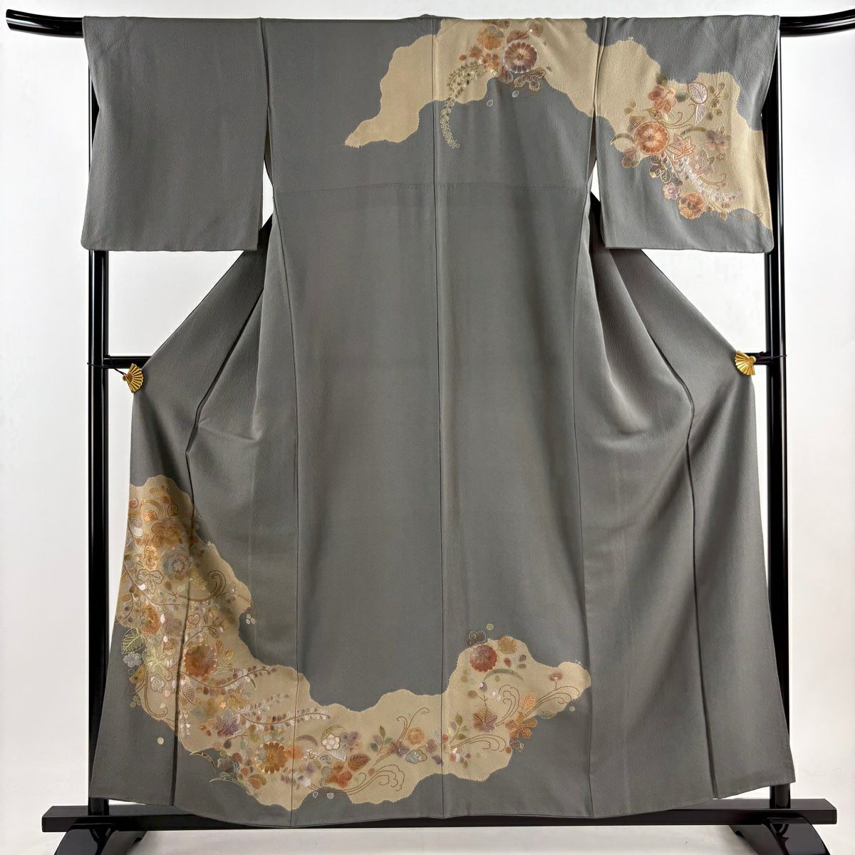 訪問服 身長158.5cm 袖長67cm M 雙層 花唐草紋 道長取刺繡 灰 純蠶絲 秀品級