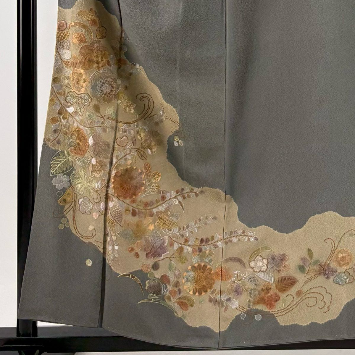 訪問服 身長158.5cm 袖長67cm M 雙層 花唐草紋 道長取刺繡 灰 純蠶絲 秀品級