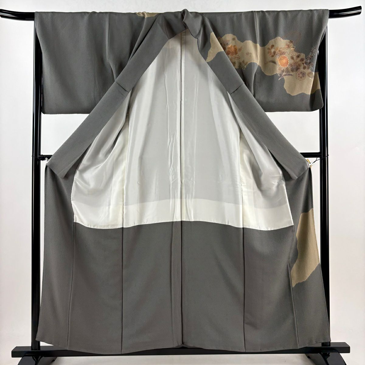 訪問服 身長158.5cm 袖長67cm M 雙層 花唐草紋 道長取刺繡 灰 純蠶絲 秀品級