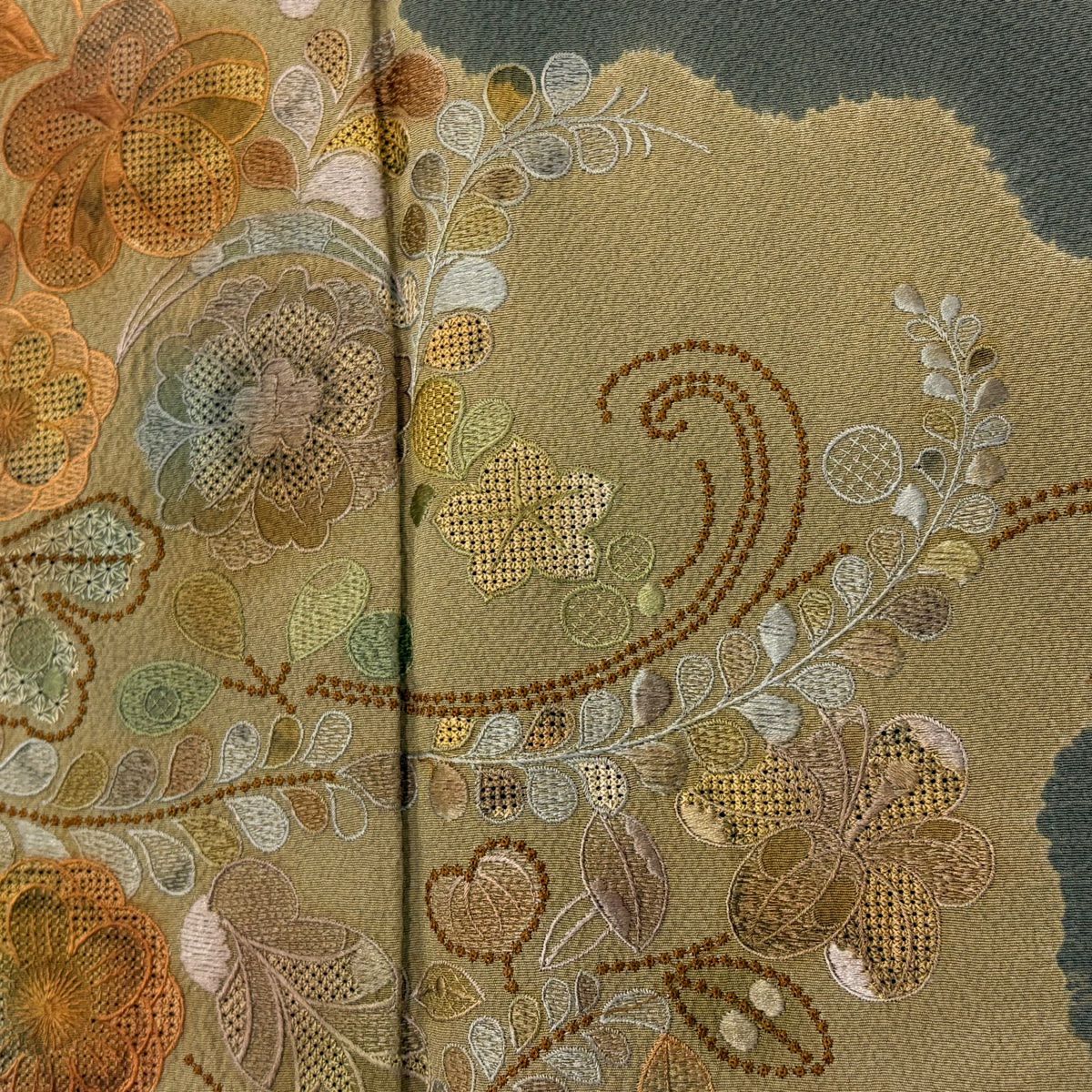 訪問服 身長158.5cm 袖長67cm M 雙層 花唐草紋 道長取刺繡 灰 純蠶絲 秀品級