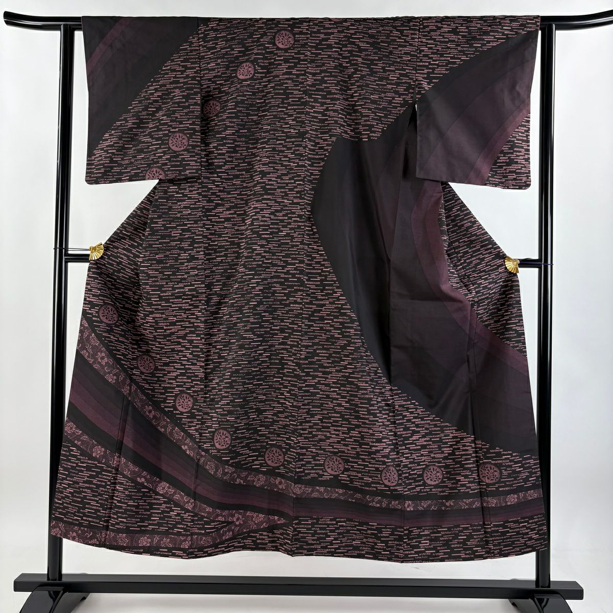 訪問服 身長150cm 袖長61cm S 雙層 紬織織 草花紋紋 幾何學 黑 純蠶絲 美品 秀品級