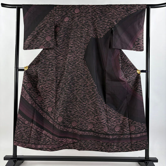 訪問服 身長150cm 袖長61cm S 雙層 紬織織 草花紋紋 幾何學 黑 純蠶絲 美品 秀品級