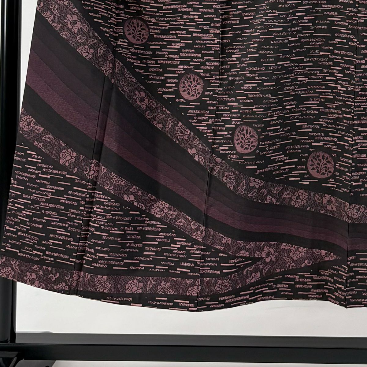 訪問服 身長150cm 袖長61cm S 雙層 紬織織 草花紋紋 幾何學 黑 純蠶絲 美品 秀品級