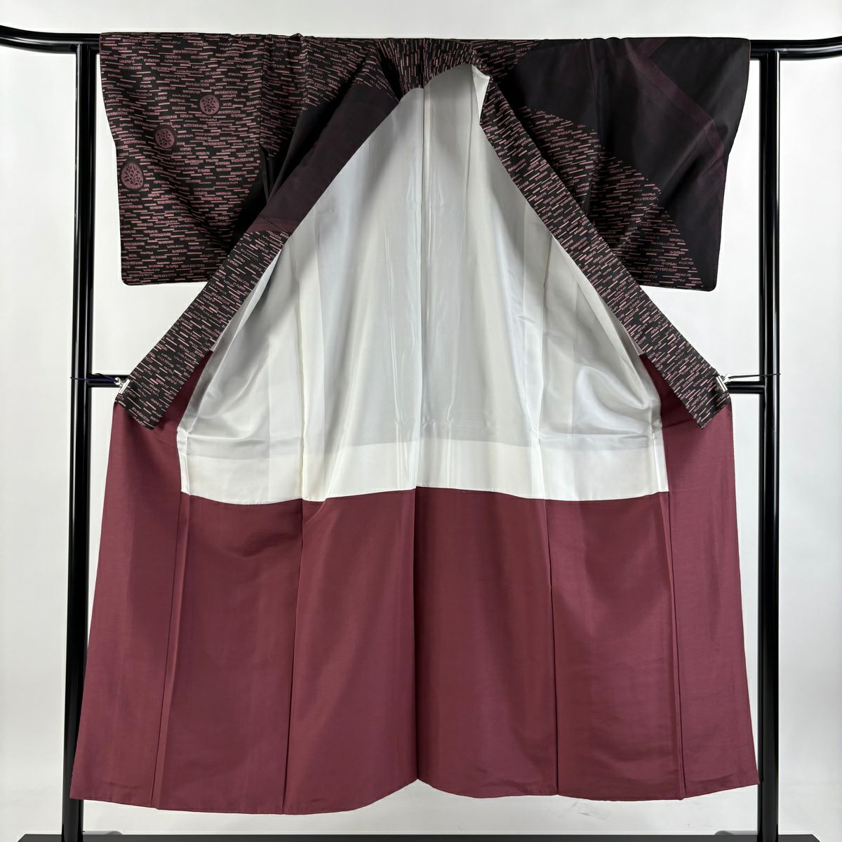訪問服 身長150cm 袖長61cm S 雙層 紬織織 草花紋紋 幾何學 黑 純蠶絲 美品 秀品級