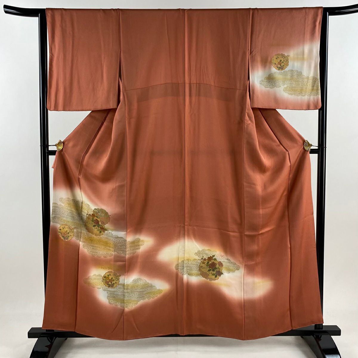 訪問服 身長158cm 袖長64cm M 雙層 雪輪 草花紋紋 刺繡 金彩裝飾 粉米色 純蠶絲 秀品級