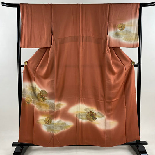 訪問服 身長158cm 袖長64cm M 雙層 雪輪 草花紋紋 刺繡 金彩裝飾 粉米色 純蠶絲 秀品級