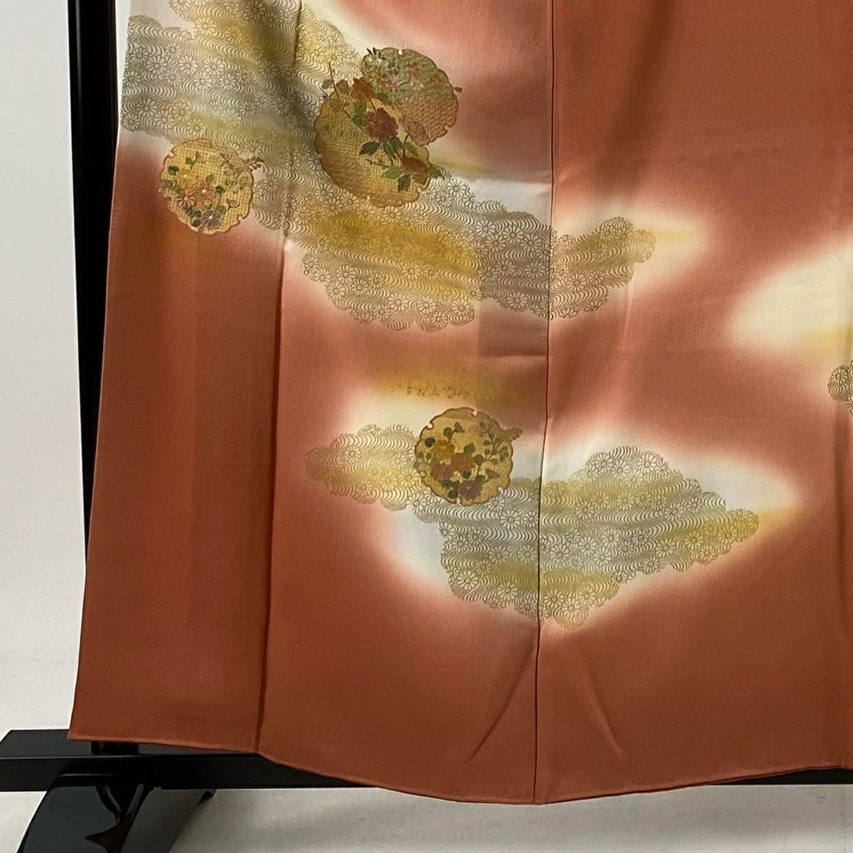 訪問服 身長158cm 袖長64cm M 雙層 雪輪 草花紋紋 刺繡 金彩裝飾 粉米色 純蠶絲 秀品級