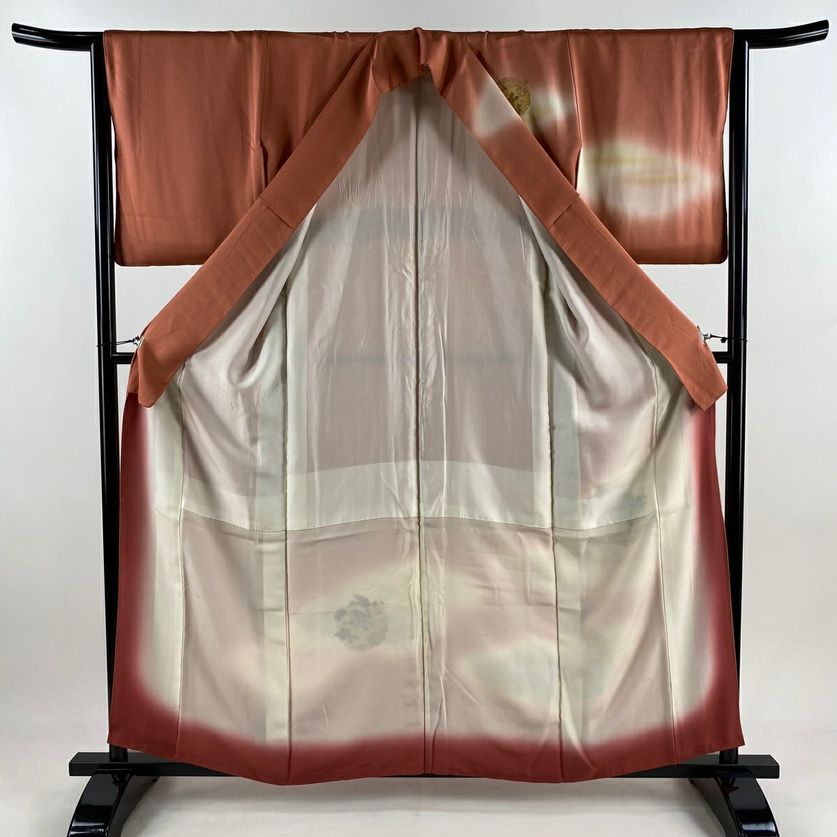訪問服 身長158cm 袖長64cm M 雙層 雪輪 草花紋紋 刺繡 金彩裝飾 粉米色 純蠶絲 秀品級