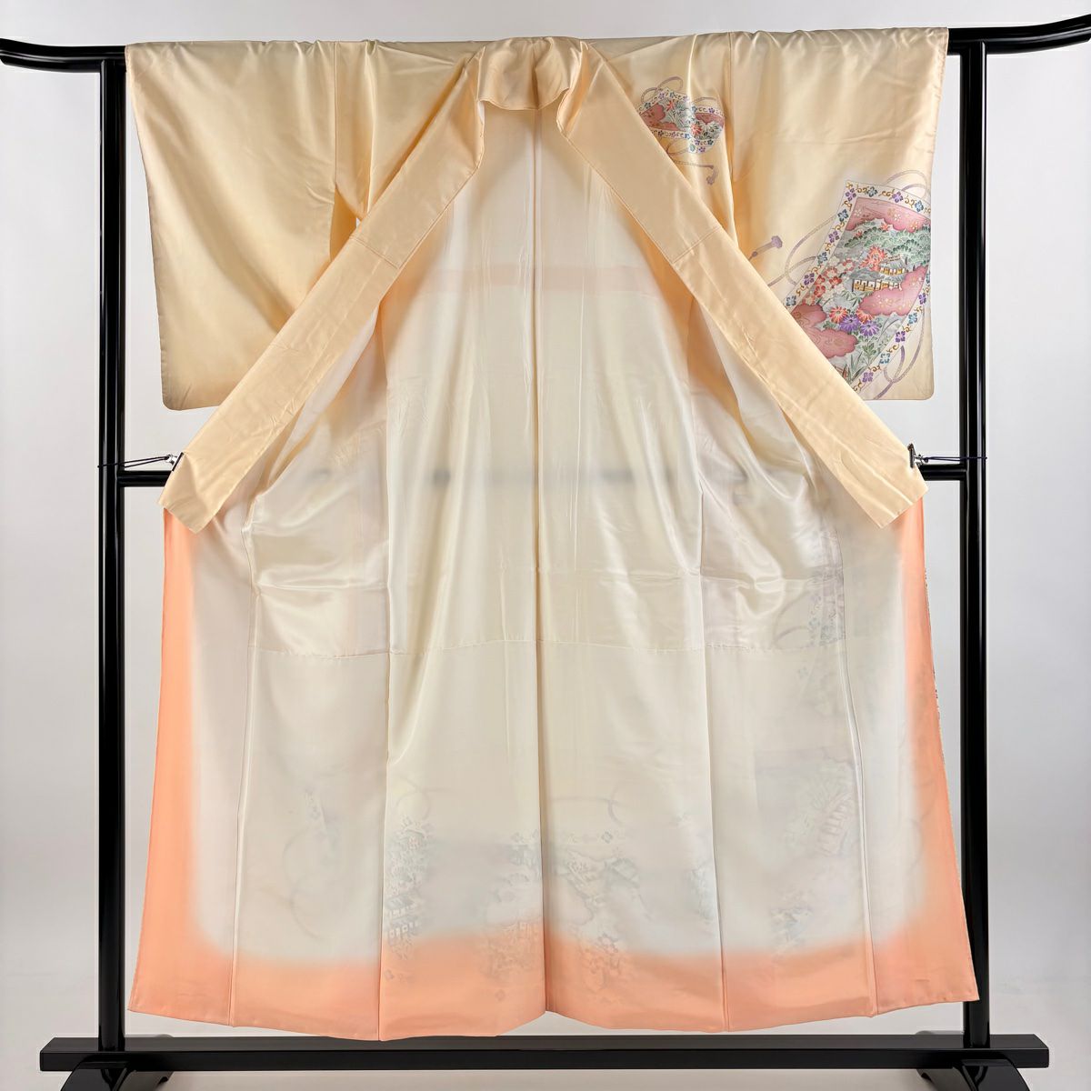 訪問服 身長155cm 袖長63cm S 雙層 紬織織 建物 松樹竹子梅花 金彩裝飾 薄橙 純蠶絲 秀品級