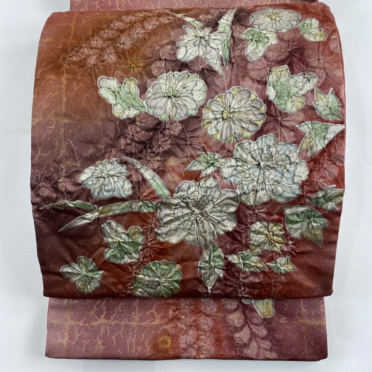 【庫存清倉】 袋帶 美品 名品級 辻花染 銀線 金金箔 紅紫 大鼓圖案 純蠶絲