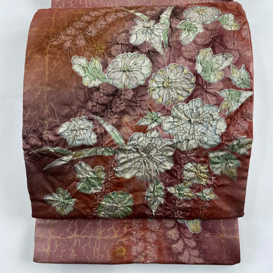 【庫存清倉】 袋帶 美品 名品級 辻花染 銀線 金金箔 紅紫 大鼓圖案 純蠶絲