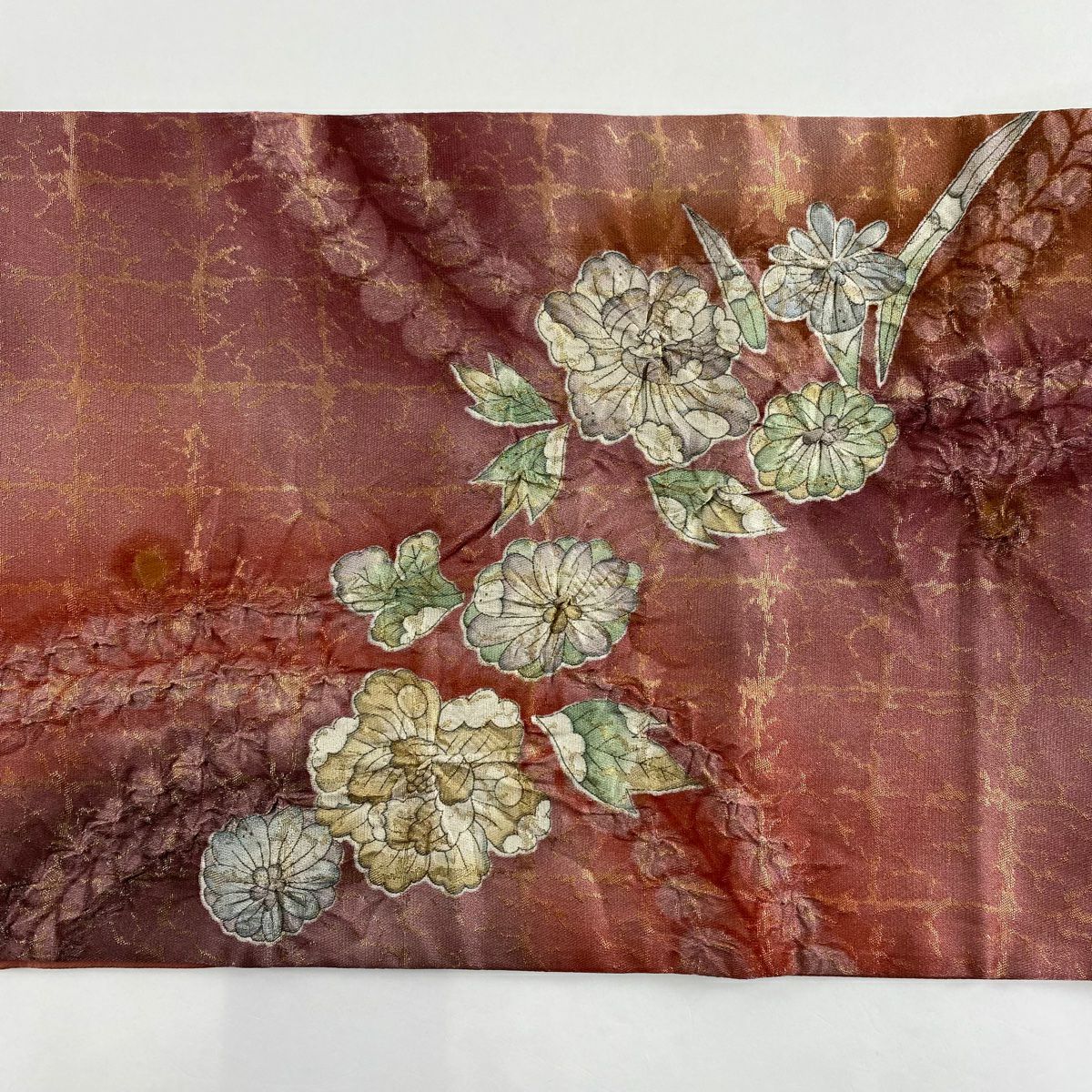 【庫存清倉】 袋帶 美品 名品級 辻花染 銀線 金金箔 紅紫 大鼓圖案 純蠶絲