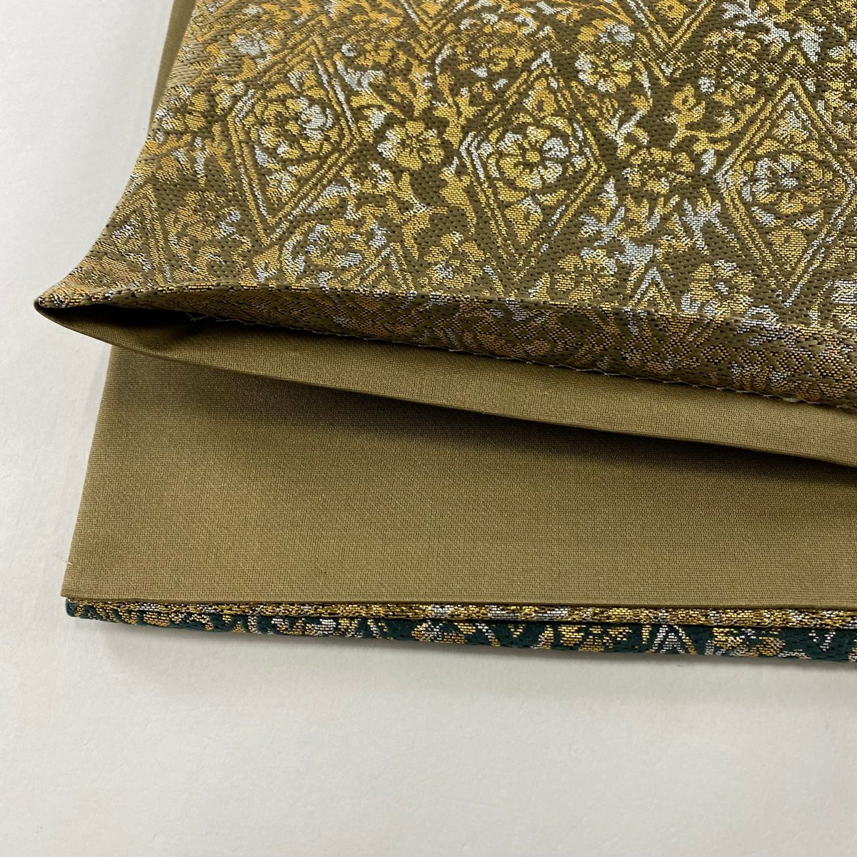 【庫存清倉】 袋帶 美品 名品級 草花紋紋 菱形 金銀彩 金金箔 黃土色 六通 純蠶絲