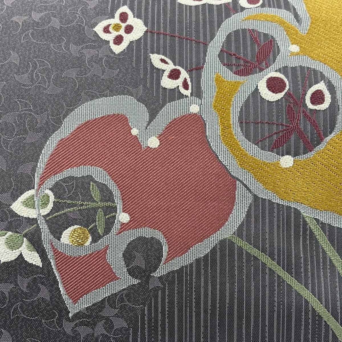 袋帶 秀品級 草花紋 金絲 灰紫 お太鼓圖案 純蠶絲