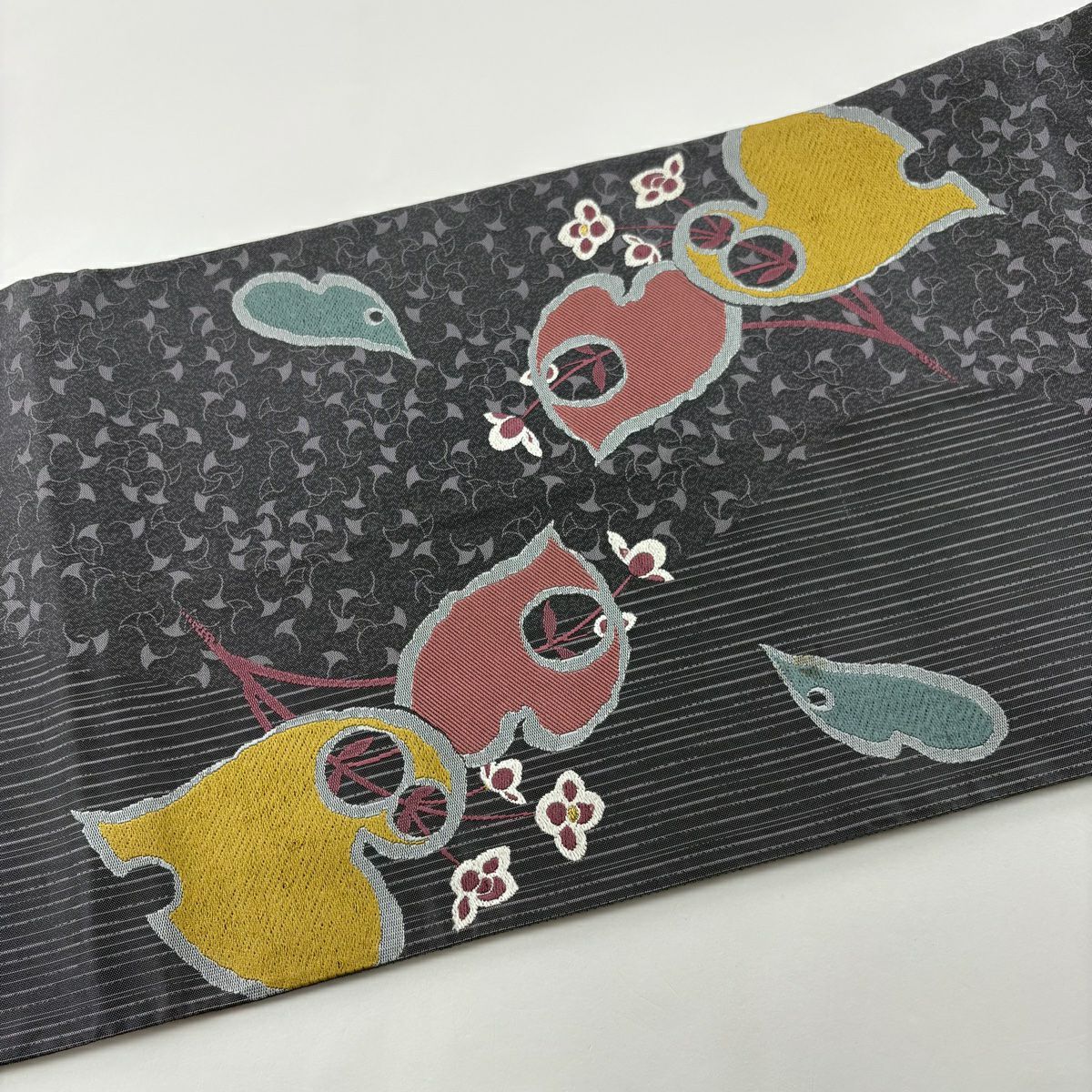 袋帶 秀品級 草花紋 金絲 灰紫 お太鼓圖案 純蠶絲