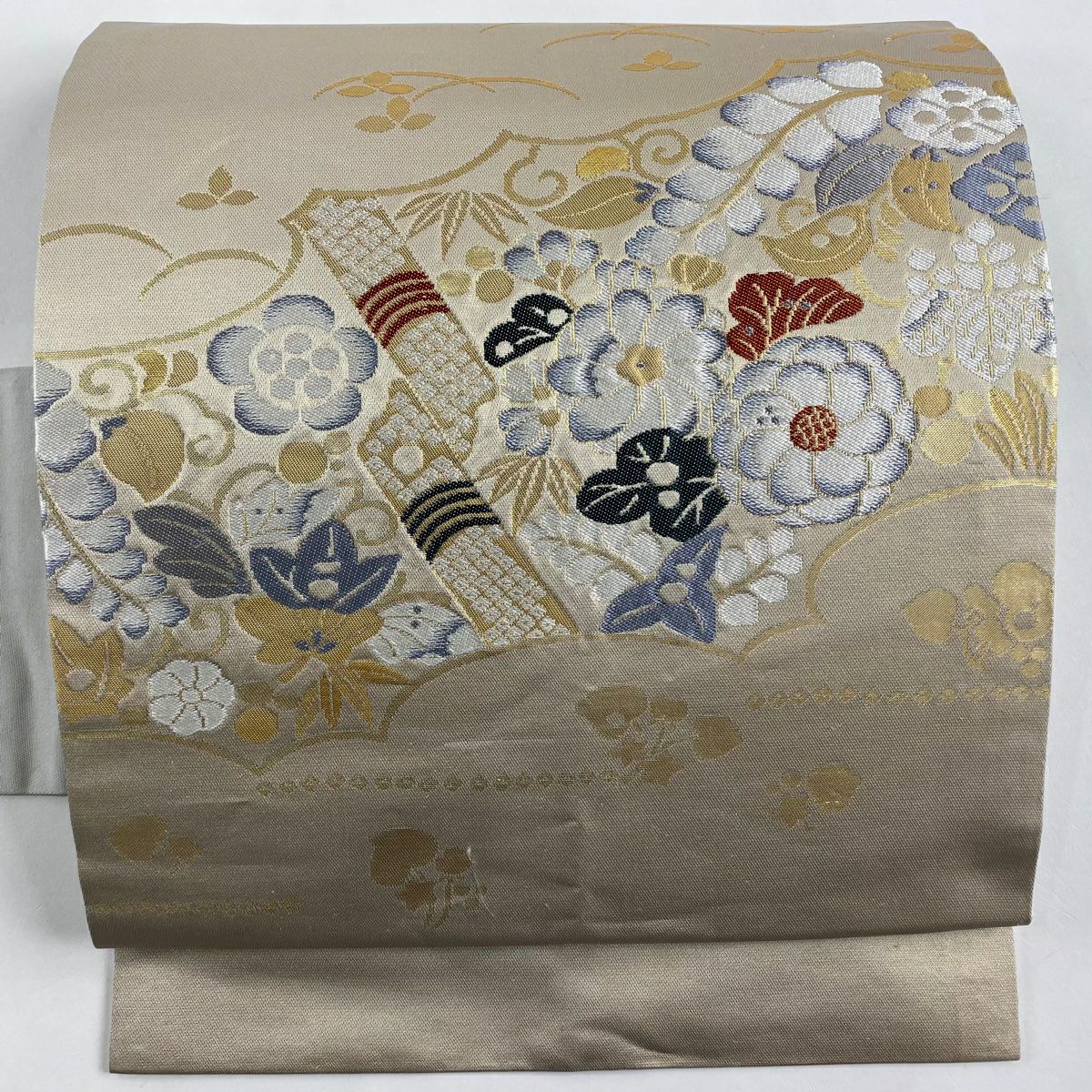 名古屋帶 秀品級 辻花染 笹 金金箔 米色 純蠶絲
