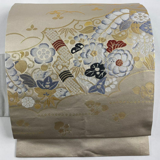 名古屋帶 秀品級 辻花染 笹 金金箔 米色 純蠶絲