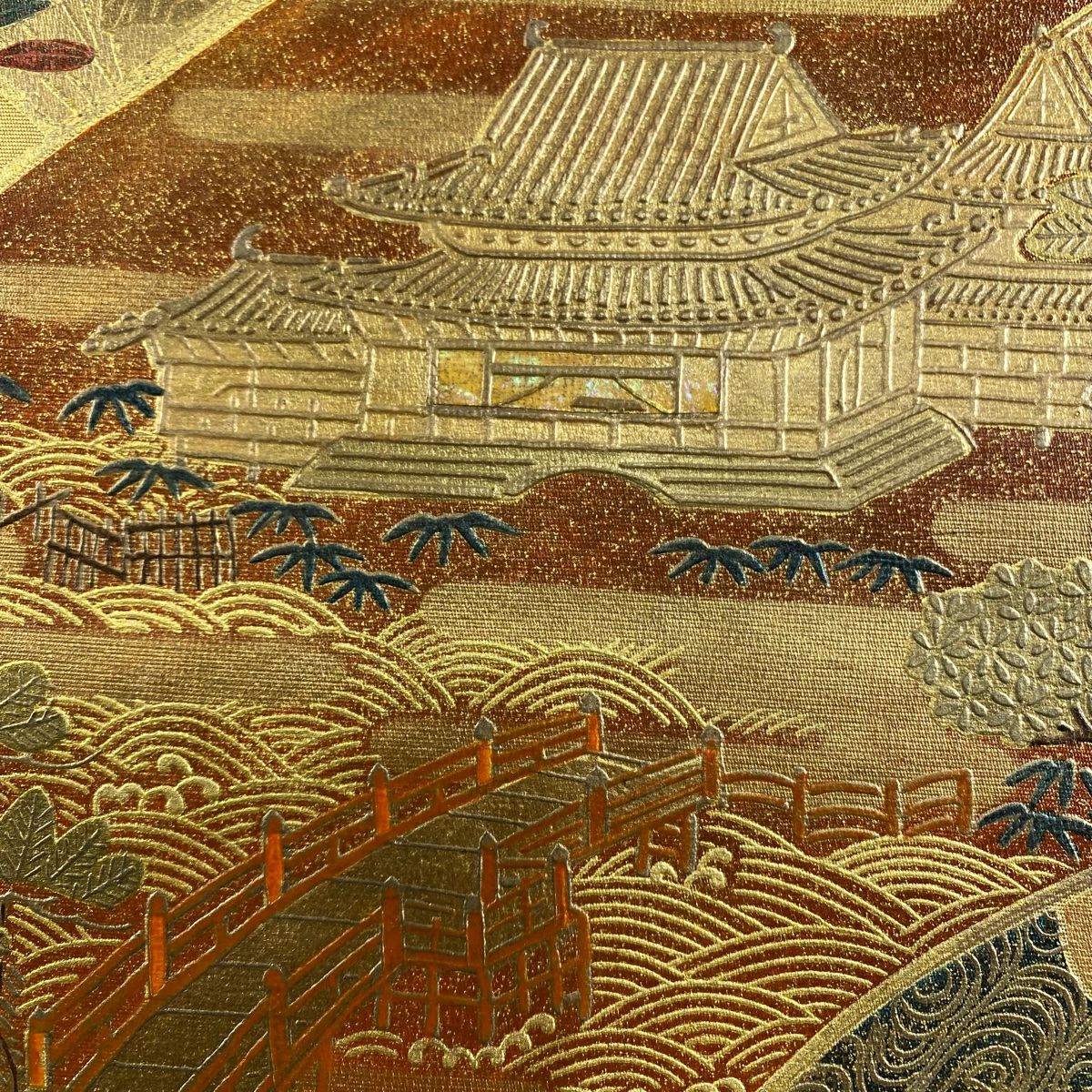 袋帶 秀品級 關西仕立 雙層扇子面 建物 螺鈿 金銀彩 金色 大鼓圖案 純蠶絲