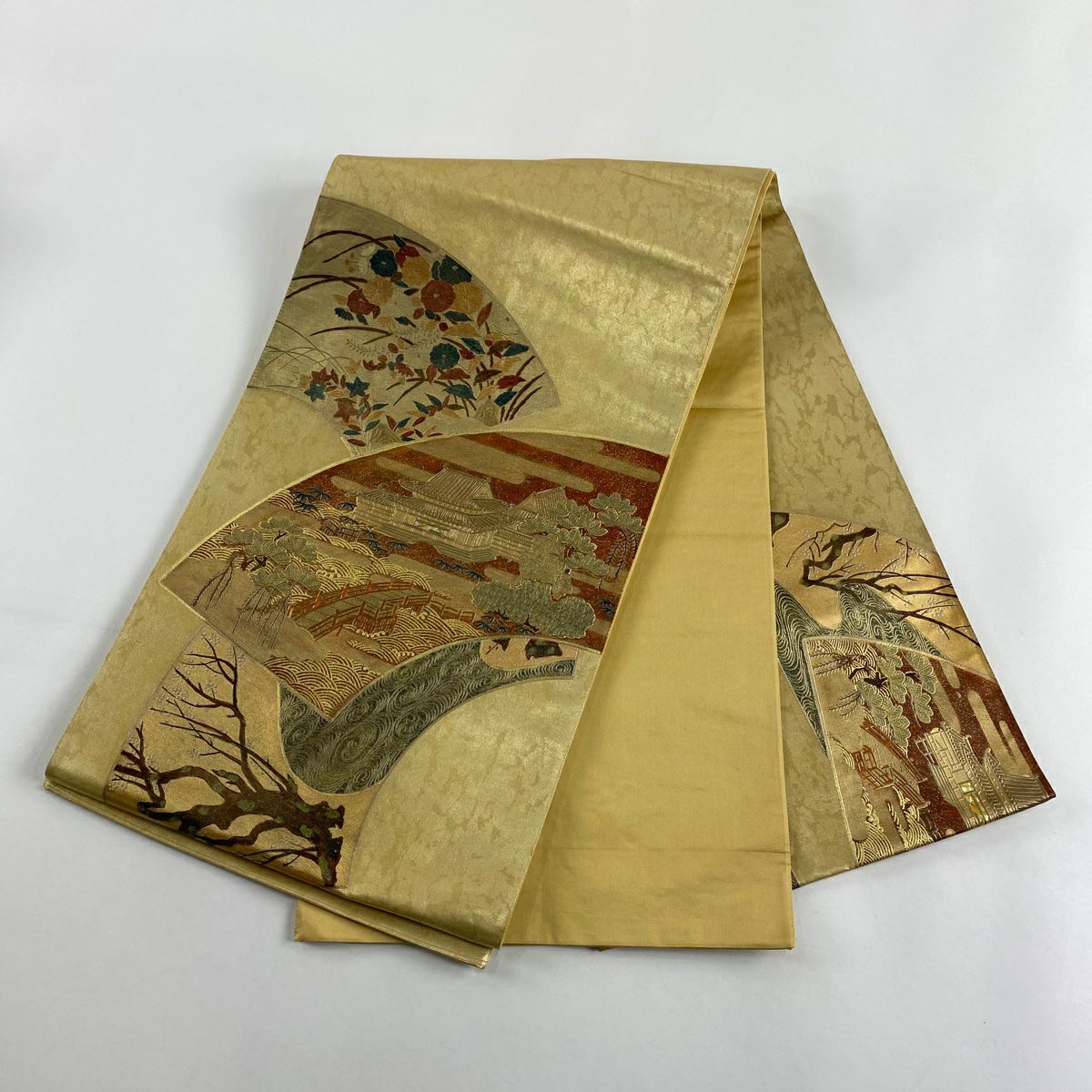 袋帶 秀品級 關西仕立 雙層扇子面 建物 螺鈿 金銀彩 金色 大鼓圖案 純蠶絲