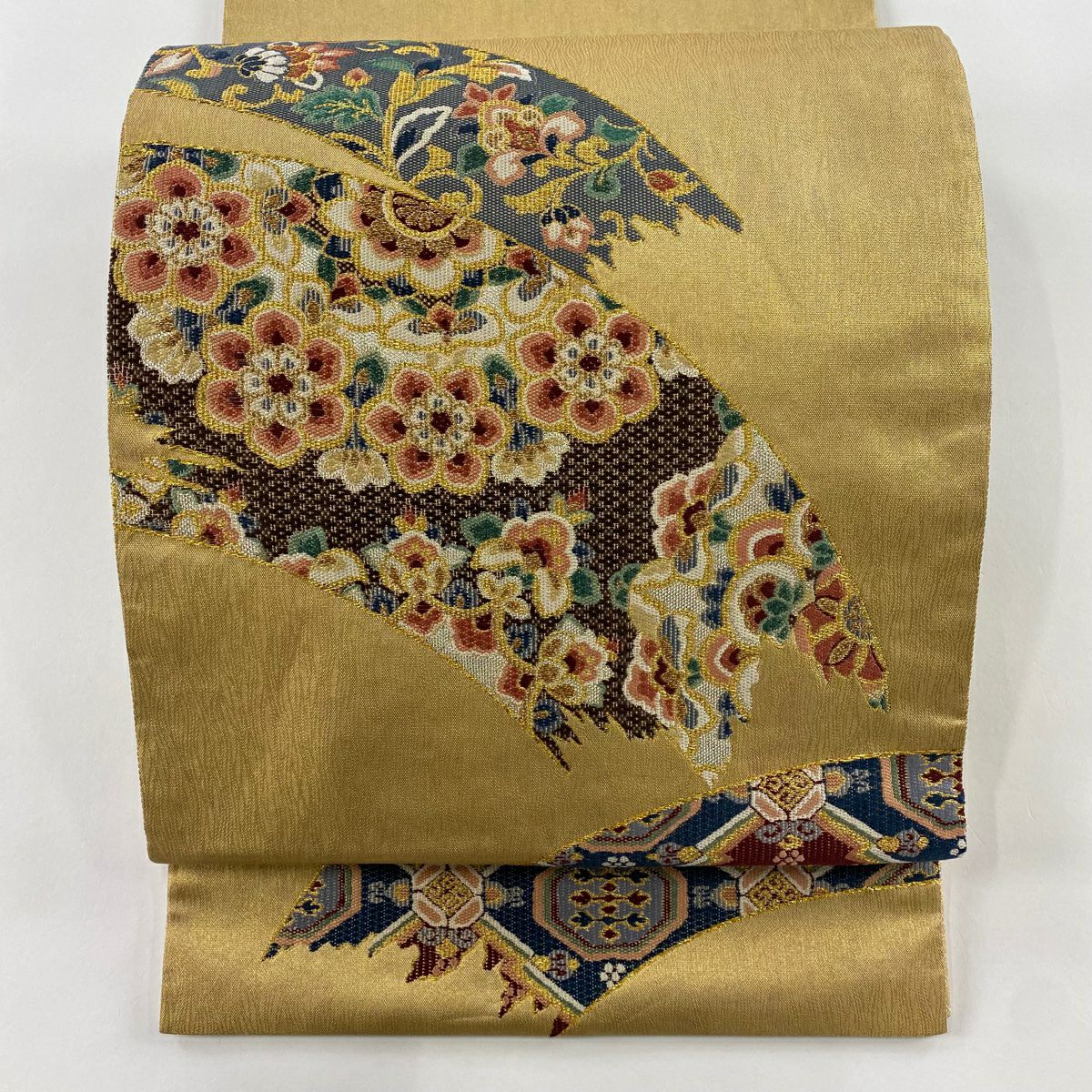 袋帶 秀品級 華紋 草花紋紋 金絲 金金箔 米色 大鼓圖案 純蠶絲