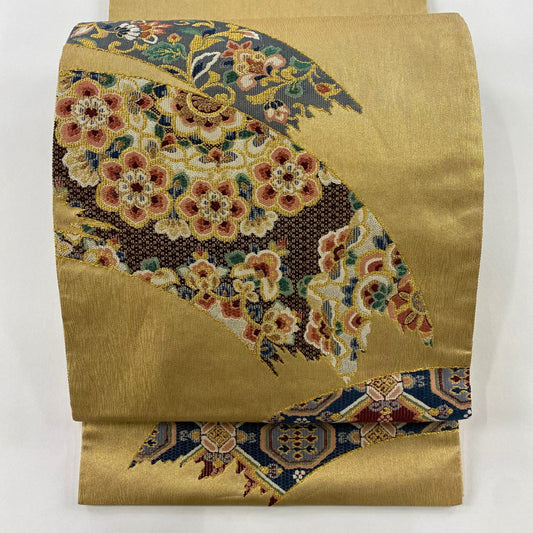 袋帶 秀品級 華紋 草花紋紋 金絲 金金箔 米色 大鼓圖案 純蠶絲