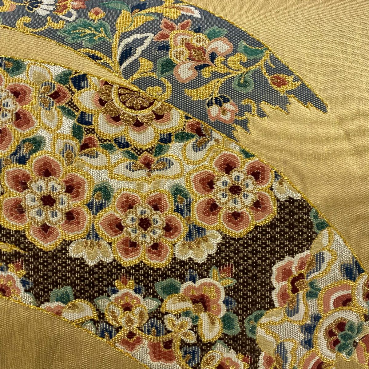袋帶 秀品級 華紋 草花紋紋 金絲 金金箔 米色 大鼓圖案 純蠶絲