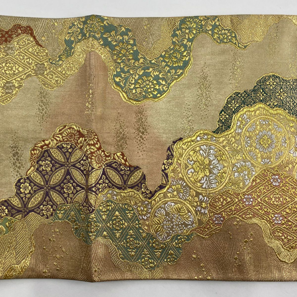 袋帶 美品 秀品級 道長取 草花紋 金金箔 金銀彩 米色 六通 純蠶絲