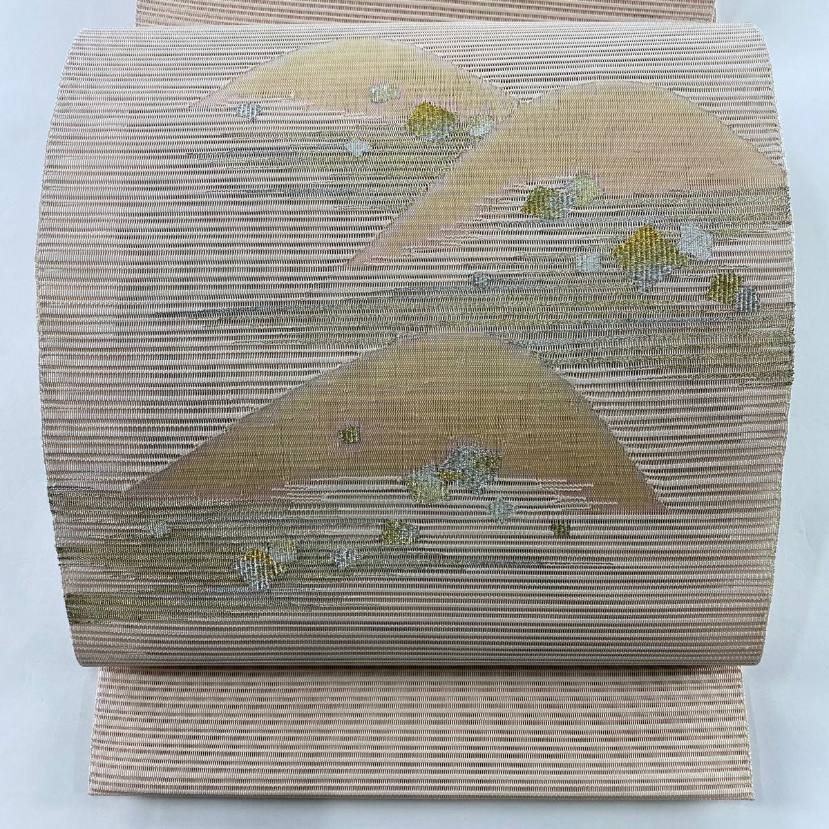 名古屋帶 秀品級 夏帶 八寸名古屋帶 松樹葉仕立 山 霞 金銀線 粉米色 純蠶絲