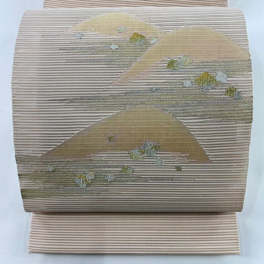 名古屋帶 秀品級 夏帶 八寸名古屋帶 松樹葉仕立 山 霞 金銀線 粉米色 純蠶絲