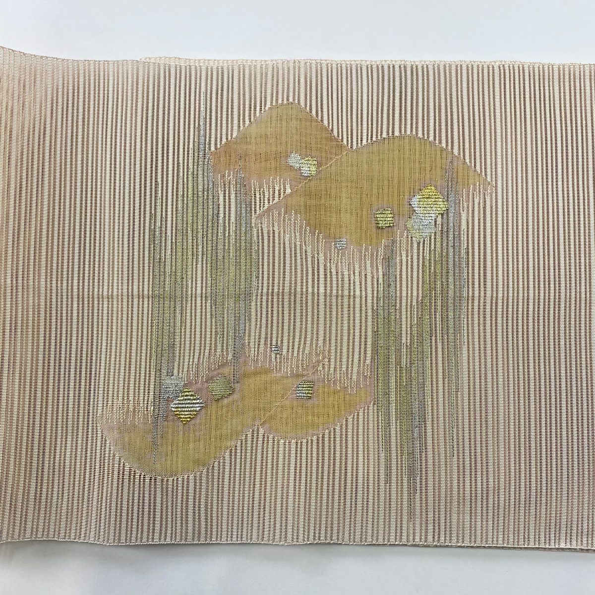 名古屋帶 秀品級 夏帶 八寸名古屋帶 松樹葉仕立 山 霞 金銀線 粉米色 純蠶絲