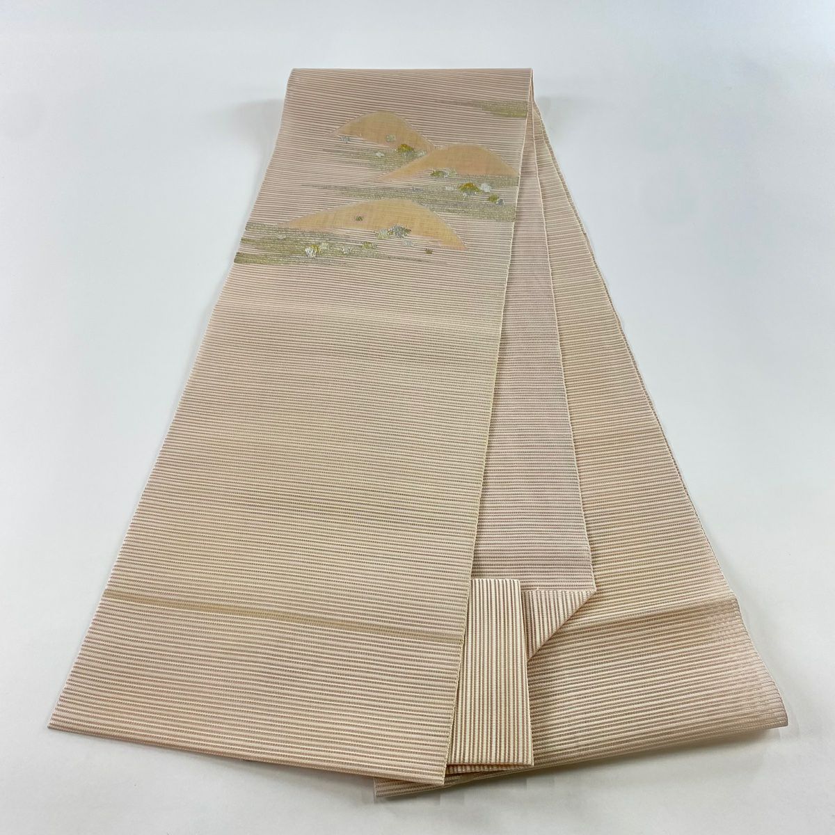 名古屋帶 秀品級 夏帶 八寸名古屋帶 松樹葉仕立 山 霞 金銀線 粉米色 純蠶絲